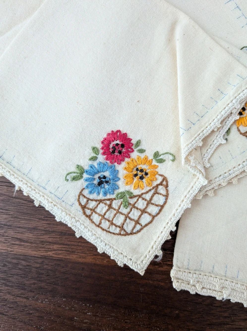 Vintage Hand Embroidered Line Napkins Set 4 Cottagecore Floral Basket 11x11